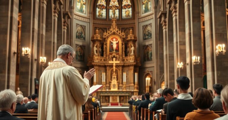 Szczegółowe, religijne zdjęcie ukazujące kapłana odprawiającego Mszę świętą w tradycyjnym kościele katolickim, z powagą i szacunkiem wobec liturgii, symbolizujące głęboką wiarę i oddanie.