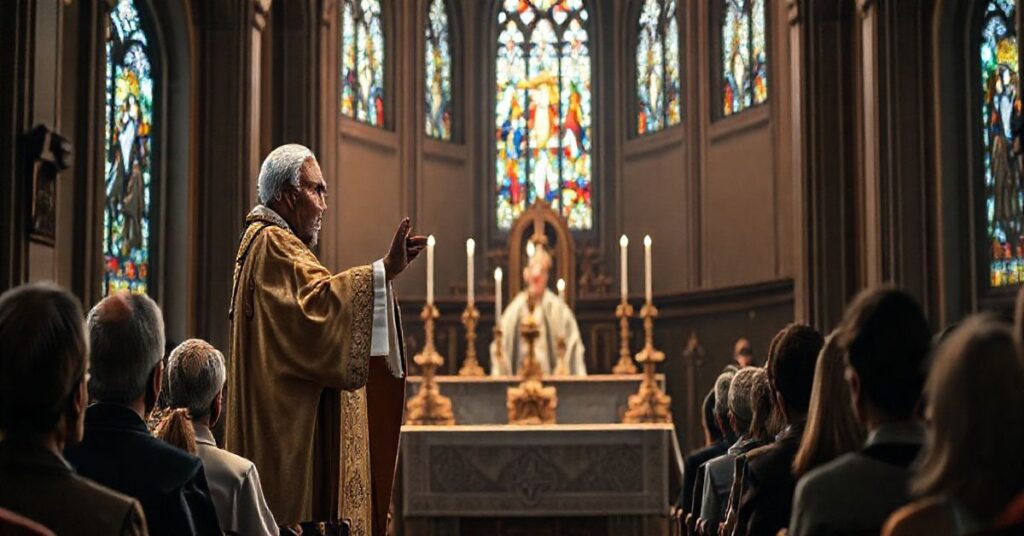 Szczera scena Mszy świętej w katolickiej świątyni z kapłanem i wiernymi podczas liturgii Eucharystii, oddanie powagi i duchowości sakramentu