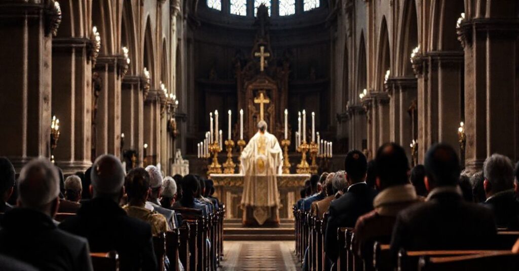 Tradycyjna msza w katedrze koszalińsko-kołobrzeskiej z udziałem migrantów, podkreślająca kontrast między humanitaryzmem a misją zbawienia.