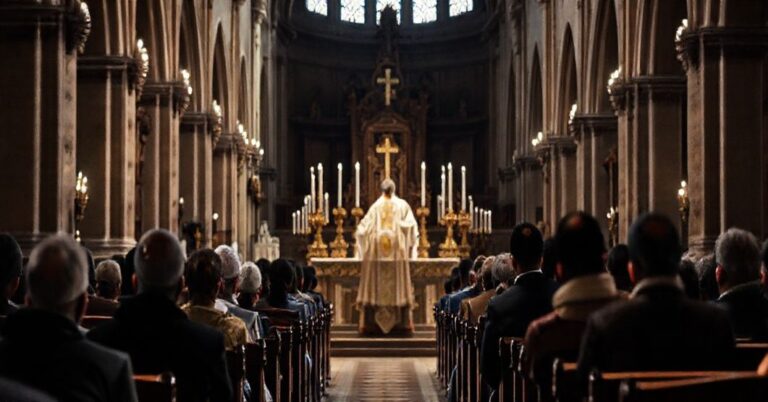 Tradycyjna msza w katedrze koszalińsko-kołobrzeskiej z udziałem migrantów, podkreślająca kontrast między humanitaryzmem a misją zbawienia.