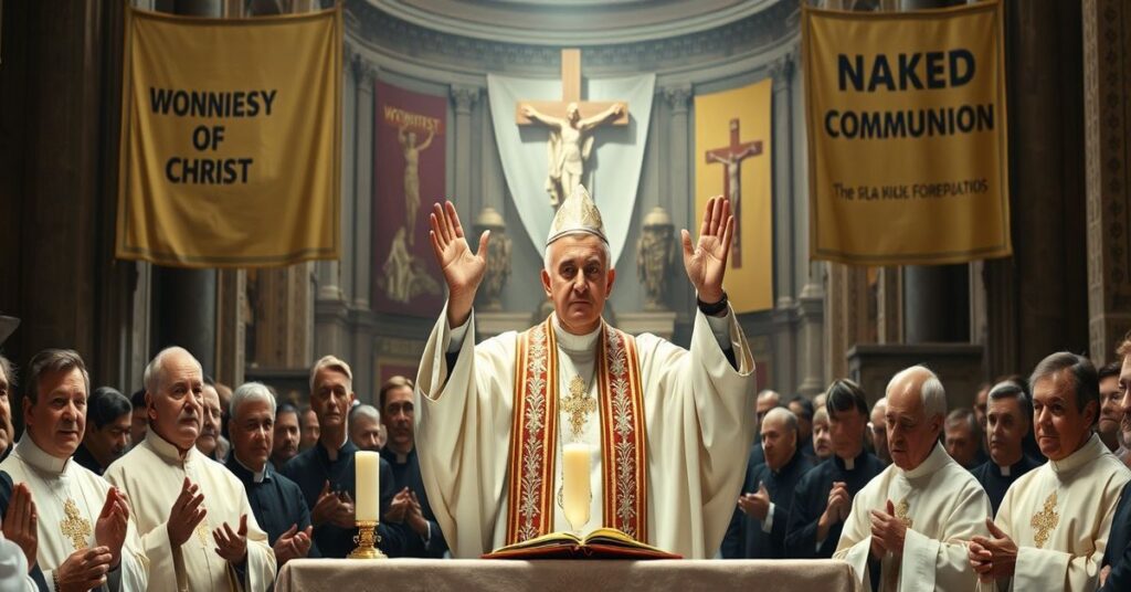 Realistyczny obraz Roberta Prevosta jako 'Leona XIV' podczas tak zwanej Mszy Krzyżma w Bazylice św. Piotra, otoczonego modernistycznym duchowieństwem w niejasnych pozach.