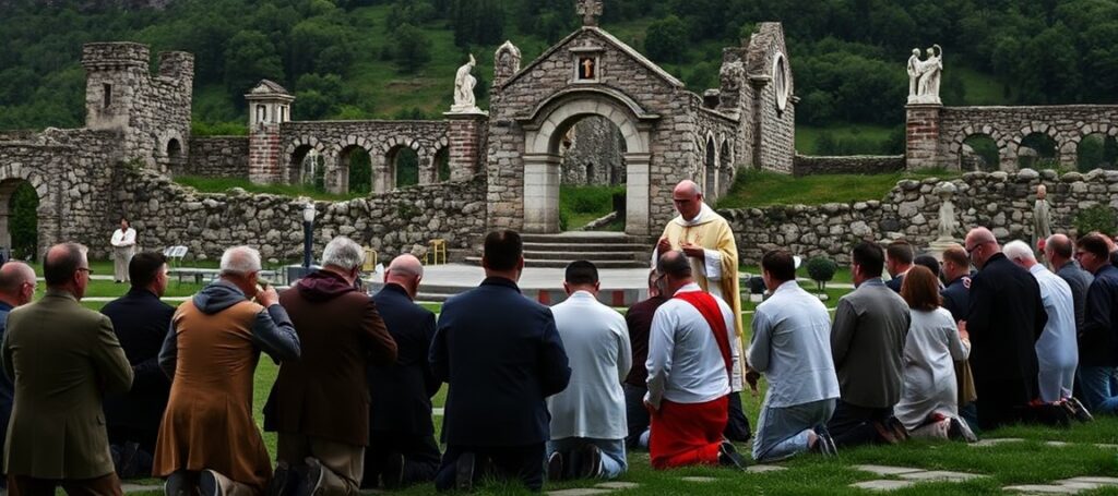 Tradycyjna msza w ruinach klasztoru na Monte Cassino z grupą wiernych modlących się w hołdzie za polskimi żołnierzami