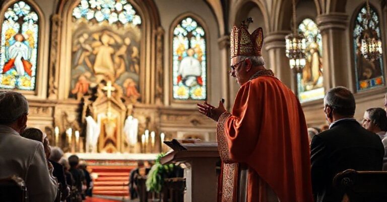 Wnętrze kościoła w Opolu podczas Mszy za Niepodległość z udziałem Rudolfa Pierskały.