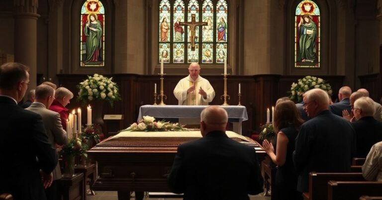 Sobótna msza pogrzebowa w tradycyjnym kościele katolickim z kapłanem odprawiającym Requiem za zmarłego Chrisa Rei