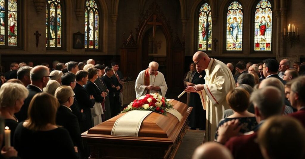 Uroczysta msza pogrzebowa Diane Keaton w tradycyjnym kościele katolickim z kapłanem w habitach liturgicznych błogosławiącym trumnę. Światło z witraży podkreśla wieczność ponad ziemską sławą.