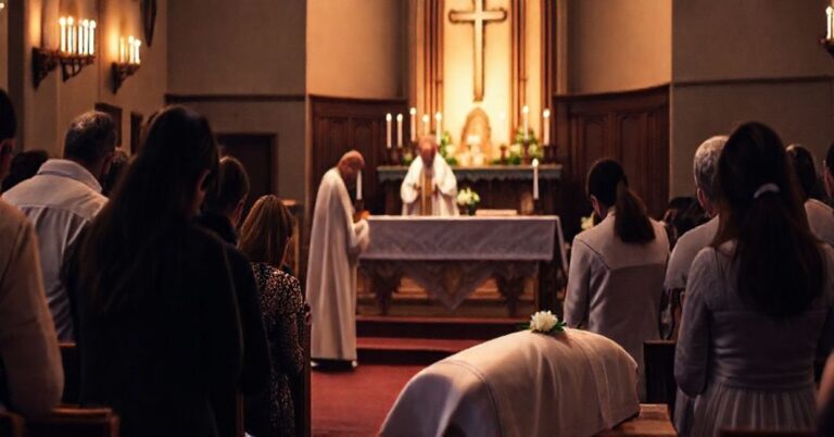 Scena katolicka z tradycyjną mszą pogrzebową dla zmarłego dziecka w konsekrowanym kościele.