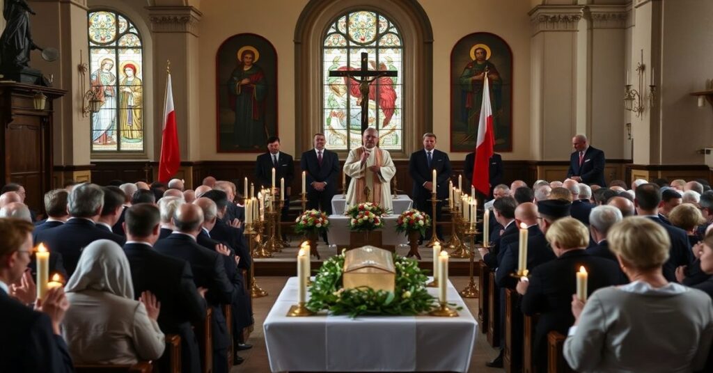 Tradycyjna katolicka msza pogrzebowa dla ofiary zbrodni katyńskiej w kościele w Warszawie. Metropolita Adrian Galbas wygłasza kazanie przed modlącymi się wiernymi i przedstawicielami IPN.