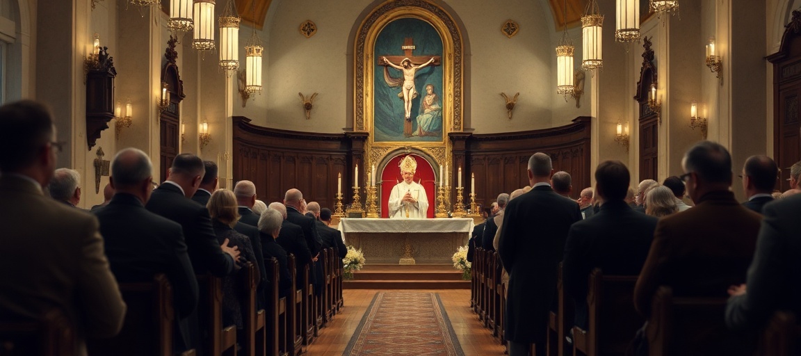 Tradycyjna msza pogrzebowa w kościele z abp. Henrykiem M. Jagodzińskim i wizerunkiem zmarłego ks. Waldemara Tłomaka