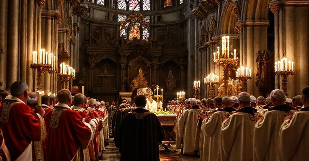 Tradycyjna katolicka msza pogrzebowa za zmarłych kanoników kapituły warmińskiej w gotyckiej katedrze