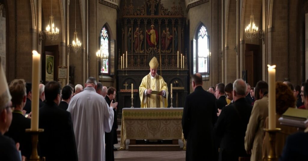 Sandomierska katedra podczas popielcowej mszy w 2026 roku pod przewodnictwem biskupa Krzysztofa Nitkiewicza, przedstawiciela sekty posoborowej.