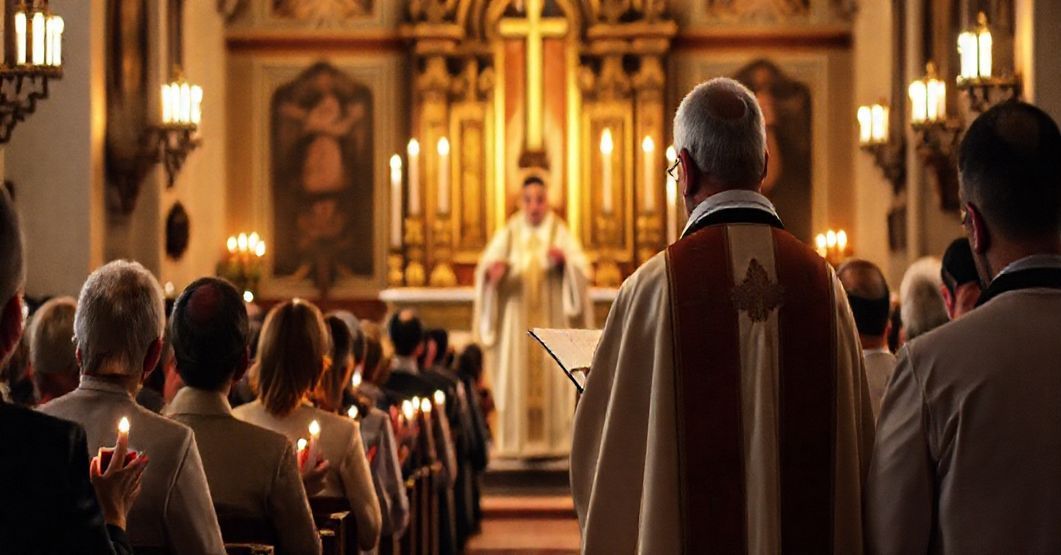 Poważna Msza w tradycyjnym kościele greckokatolickim, z kapłanem w pełnym habicie liturgicznym głoszącym kazanie o grzechu i opętaniach. Wierni modlą się przy świetle świec.