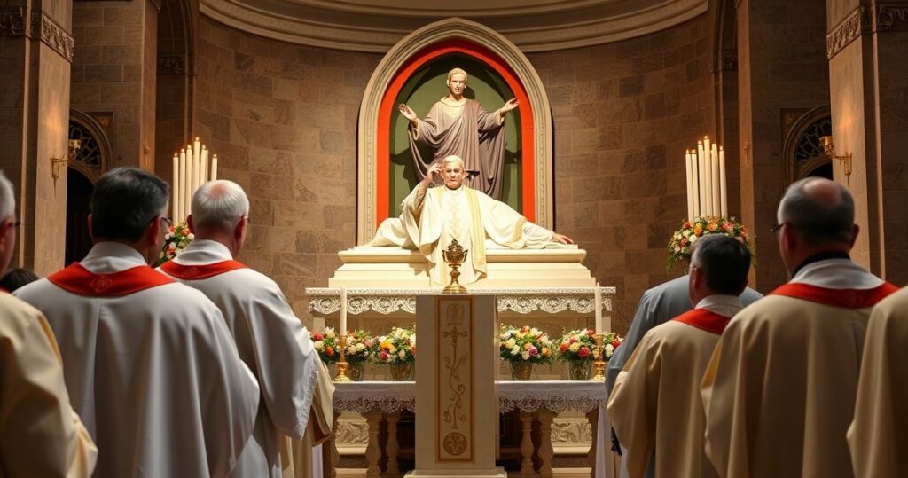 Tradycyjna Msza święta przy grobie Jana Pawła II w Watykanie, kapłan w klasycznych szatach liturgicznych, atmosfera skupienia i pokory, naturalne oświetlenie, szczegóły wysokiej jakości.