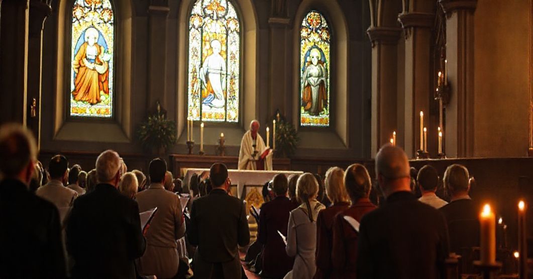 Tradycyjna msza requiem w rycie trydenckim z kapłanem celebrującym za dusze w czyśćcu. Wierni modlący się z księżami modlitw.
