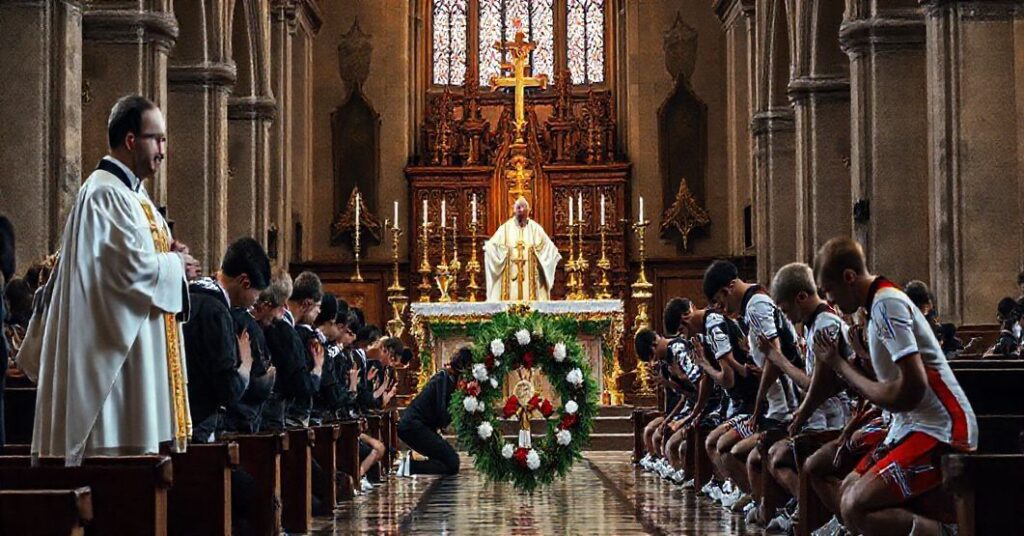Msza święta w intencji sportowców w tradycyjnej bazylice z wyeksponowanym sprzętem sportowym.