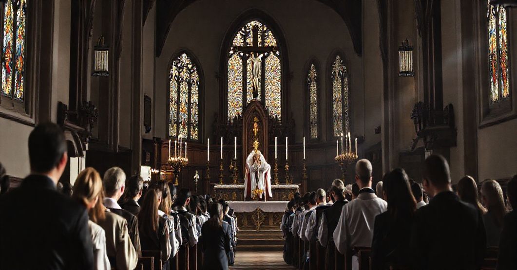 Poważna msza św. w tradycyjnym kościele katolickim, z biskupem w szatach liturgicznych i młodymi ludźmi modlącymi się w tle
