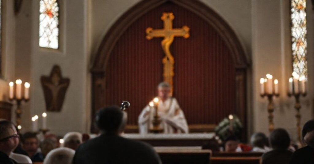 Biskup Mark Solarczyk przewodniczy Mszy św. podczas Dni Duszpasterskich w diecezji radomskiej, podczas gdy psycholog ks. Radosław Zaborski wygłasza prelekcję o wsparciu w kryzysie samobójczym.