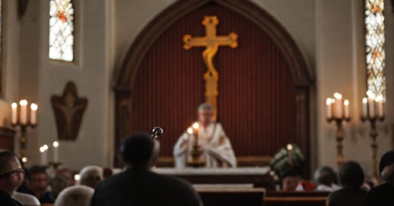 Biskup Mark Solarczyk przewodniczy Mszy św. podczas Dni Duszpasterskich w diecezji radomskiej, podczas gdy psycholog ks. Radosław Zaborski wygłasza prelekcję o wsparciu w kryzysie samobójczym.