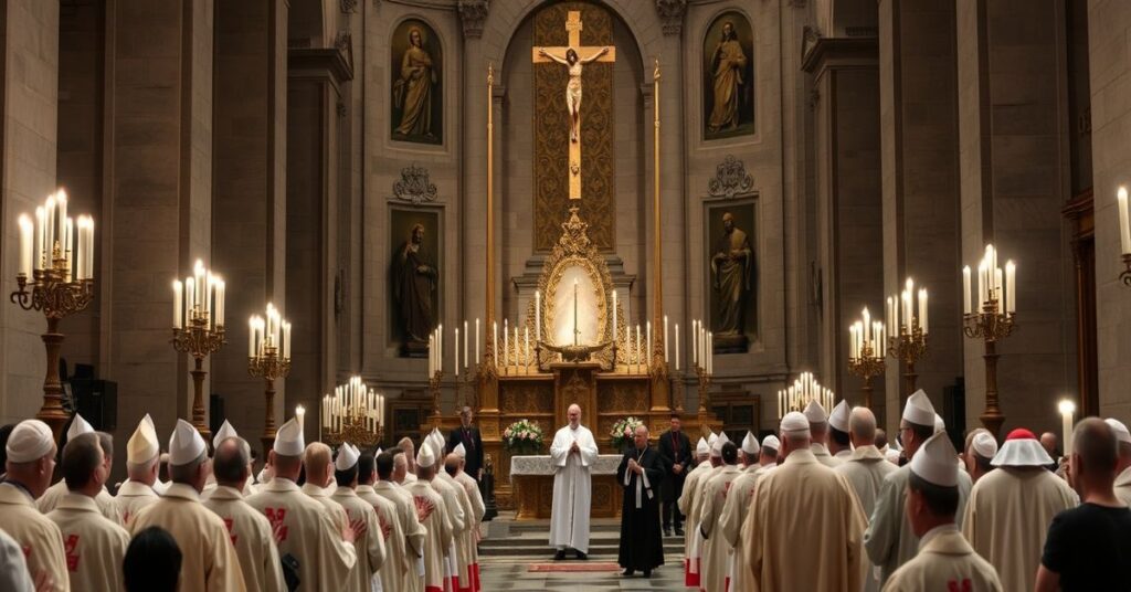 Wnętrze Bazylii Watykańskiej podczas mszy św. przy grobie fałszywego "Świętego" Jana Pawła II, z księdzem Piotrem Bajorem i kardynałem Konradem Krajewskim na pierwszym planie.