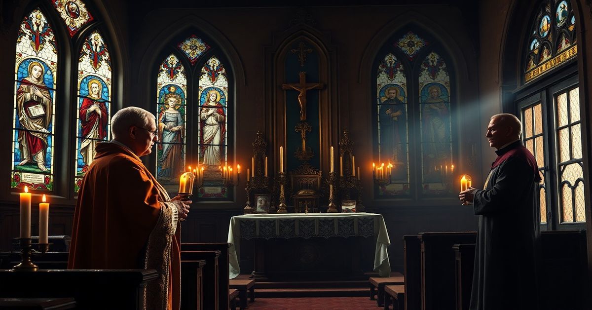 Tradycyjna msza święta w kaplicy Wyższego Seminarium Duchownego w Kielcach pod przewodnictwem „bp.” Jana Piotrowskiego. W tle misjonarze bez wewnętrznej głębokości duchowej.