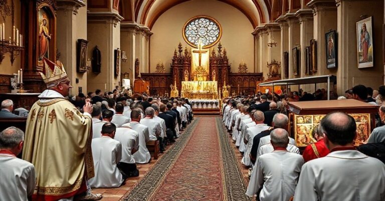 Scena liturgiczna w tradycyjnym kościele katolickim podczas "Święta Mikołaja" w Głogowie. Biskup w tradycyjnych szatach liturgicznych przewodniczy mszy z zborem klęczącym w pokorze. Kościół dekorowany jest świecami i ikonami religijnymi, promieniuje powagą i tradycją.