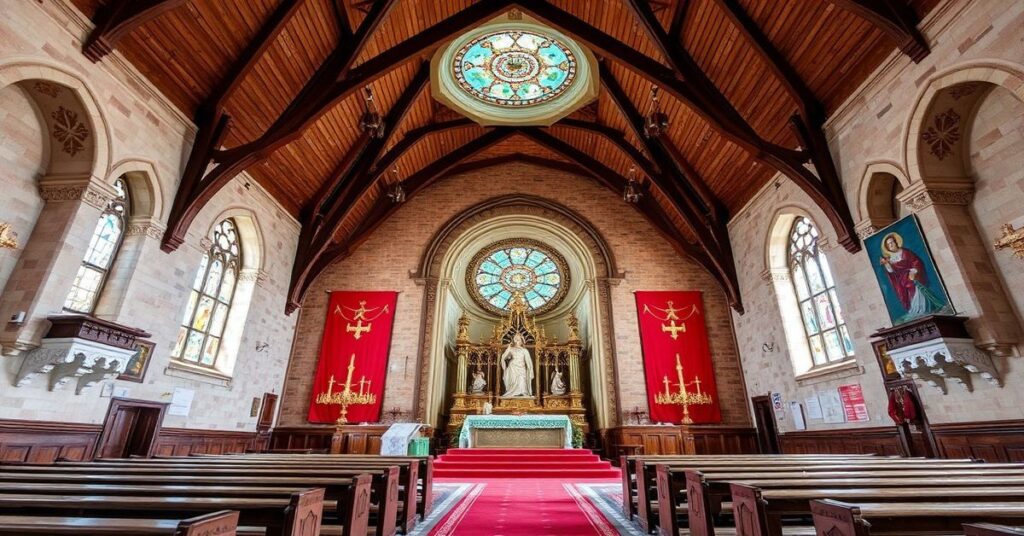 Tradycyjna katolicka msza św. Piusa V w starożytnej katedrze z biskupem celebrującym w ornaty.