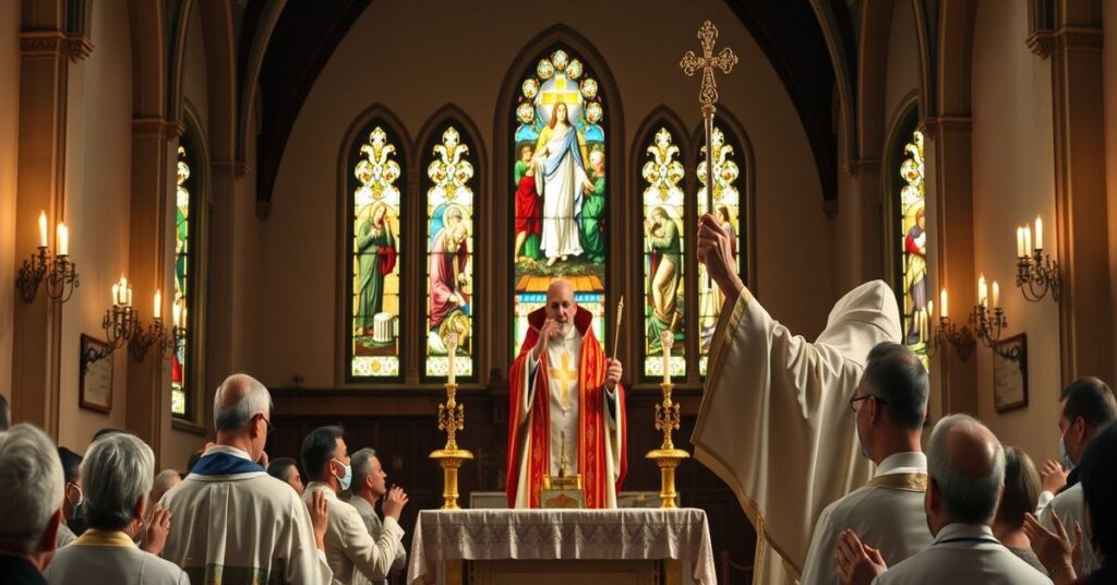 Tradycyjna msza św. w stylu katolickim z biskupem celebrującym w szatach liturgicznych