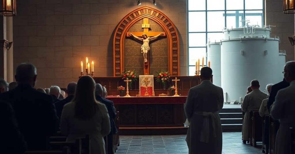 Uroczyście obchodzone msze św. w tradycyjnym kościele sedevakantystycznym z wiernymi modlącymi się na tle magazynów gazu, symbolizując kontrast między bezpieczeństwem materialnym a duchowym.