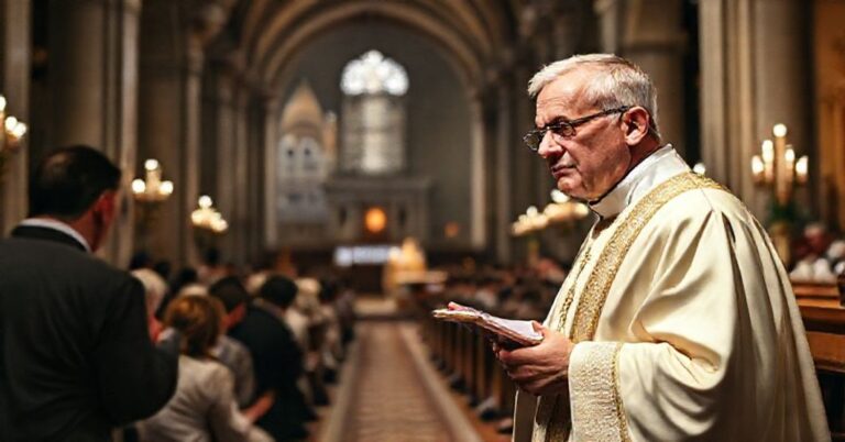 Tradycyjna msza św. w kościele katolickim z kapłanem w pełnych szatach liturgicznych i modlącymi się wiernymi, symbolizująca wiarę i tradycję Kościoła.