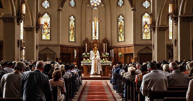 Tradycyjna msza św. w kościele katolickim z podniesioną Hostią podczas konsekracji.