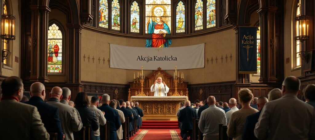 Tradycyjny kościół katolicki w Poznaniu podczas Mszy św. w obrzędzie trydenckim z podniesionym Hostią