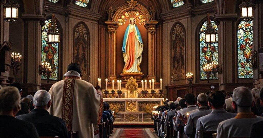 Scena w tradycyjnym kościele kat olivek a mszy św., z figurą Najświętszej Marii Panny z tytułem Współodkupicielki w tle.