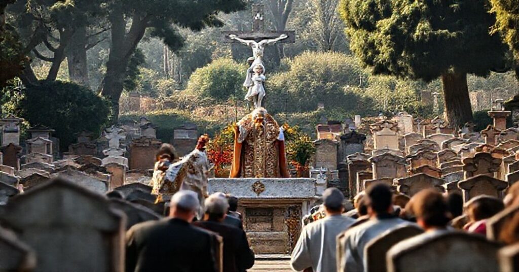 Tradycyjna Msza św. w rzymskim cmentarzu Campo Verano z podniesionym Hostią na tle nagrobków i krzyża.