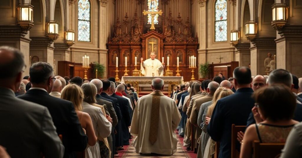 Tradycyjna msza katolicka w kościele z wiernymi modlącymi się za ochronę życia nienarodzonych.