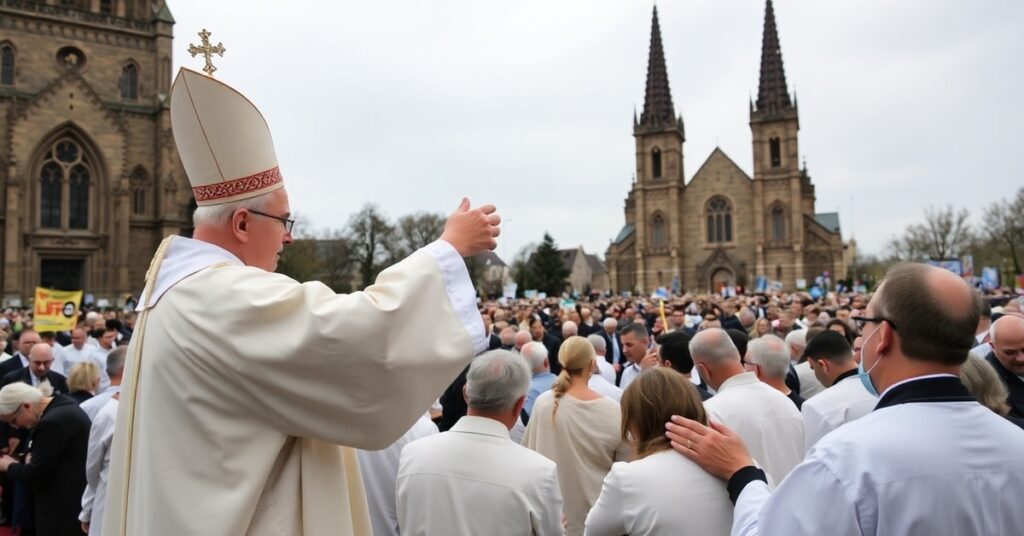 Uroczysta Msza Święta odprawiana przez abp. Tadeusza Wojdę SAC podczas XIV Marszu Życia i Rodziny w Gdańsku, z tysiącami wiernych klęczących w modlitwie pod szarym niebem