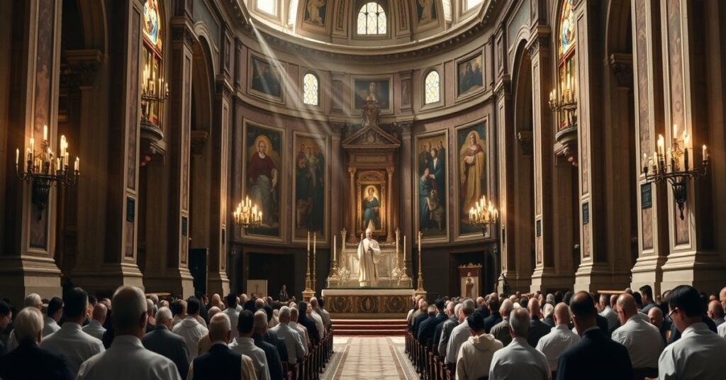 Wnętrze Bazyliki Świętego Piotra podczas Mszy św. w rytuale trydenckim, z kardynałem Gambettim celebrującym. Scena ukazuje renesansową architekturę i wiernych modlących się.