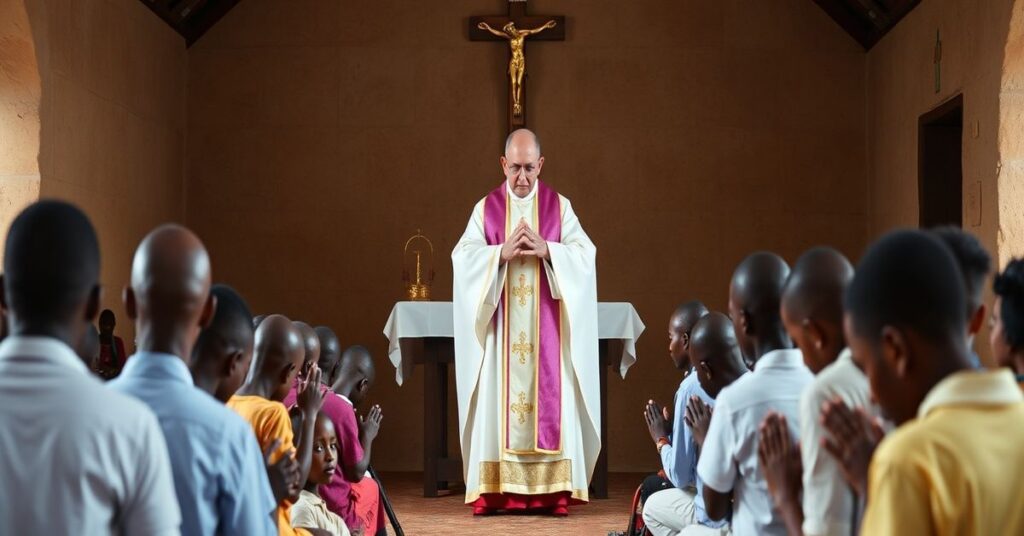 Kapelan w stroju kapłańskim odprawiający Mszę św. w rytcie trydenckim z grupą dzieci niepełnosprawnych na kolanach w modlitwie