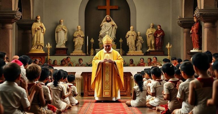 Scena Mszy Świętej w Mjanmie z biskupem i dziećmi modlącymi się, z akcentem na tradycyjne święte obrazy i liturgię