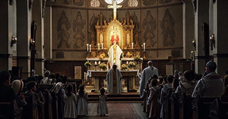 Tradycyjna katolicka msza w czasie świąt Bożego Narodzenia w parafii Świętej Rodziny w Strefie Gazy, z dziećmi w strojach biblijnych i kapłanami w tradycyjnych ornatach