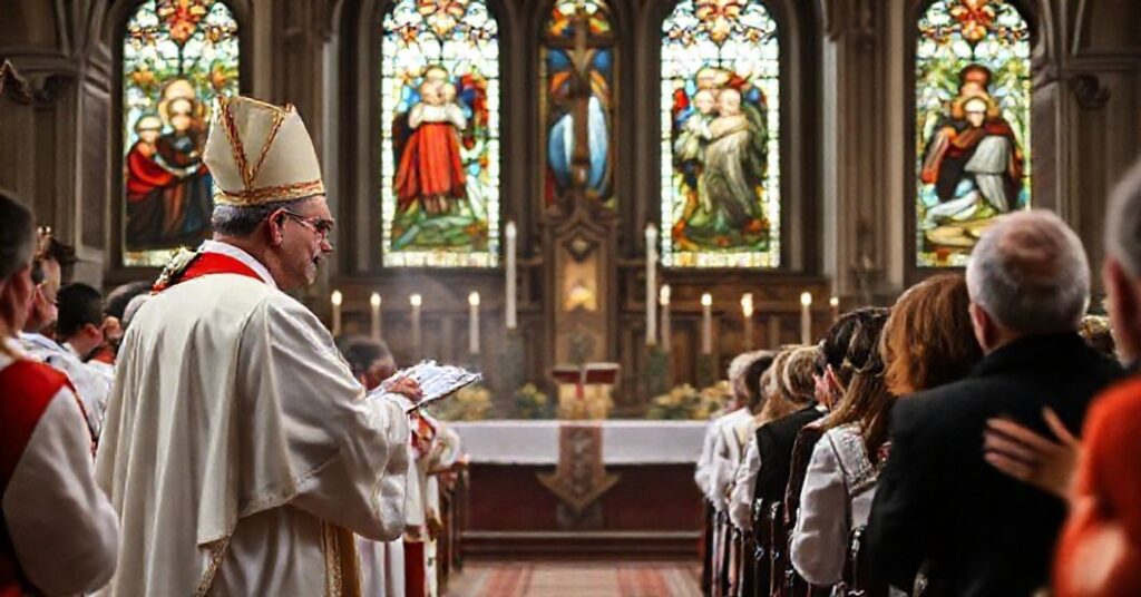 Tradycyjna msza katolicka w Polscy z "biskupem" Slawomirem Oderem podczas kazania w tradycyjnej szacie liturgicznej