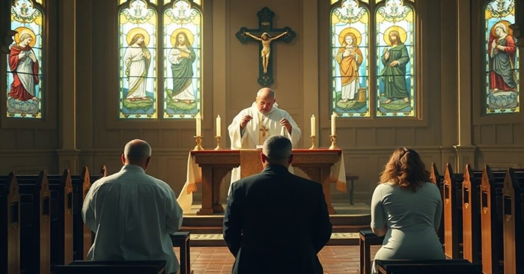 Tradycyjna msza w obrządku łacińskim z kapłanem w ornatach i modlącymi się wiernymi na tle witraży przedstawiających Mękę Chrystusa.