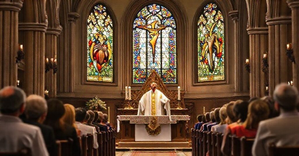 Tradycyjna katolicka msza w historycznym kościele, z kapłanem celebrowanym przy ołtarzu i wiernymi w modlitwie. Scena podkreśla nadprzyrodzony charakter miłości chrześcijańskiej jako cnótę teologiczną.