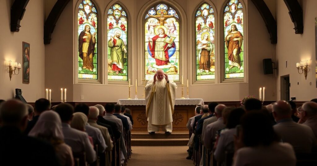 Uroczysta msza święta w tradycyjnym rzymskim obrządku w klasycznej kaplicy z ołtarzem i kapłanem w pełnych ornatach liturgicznych