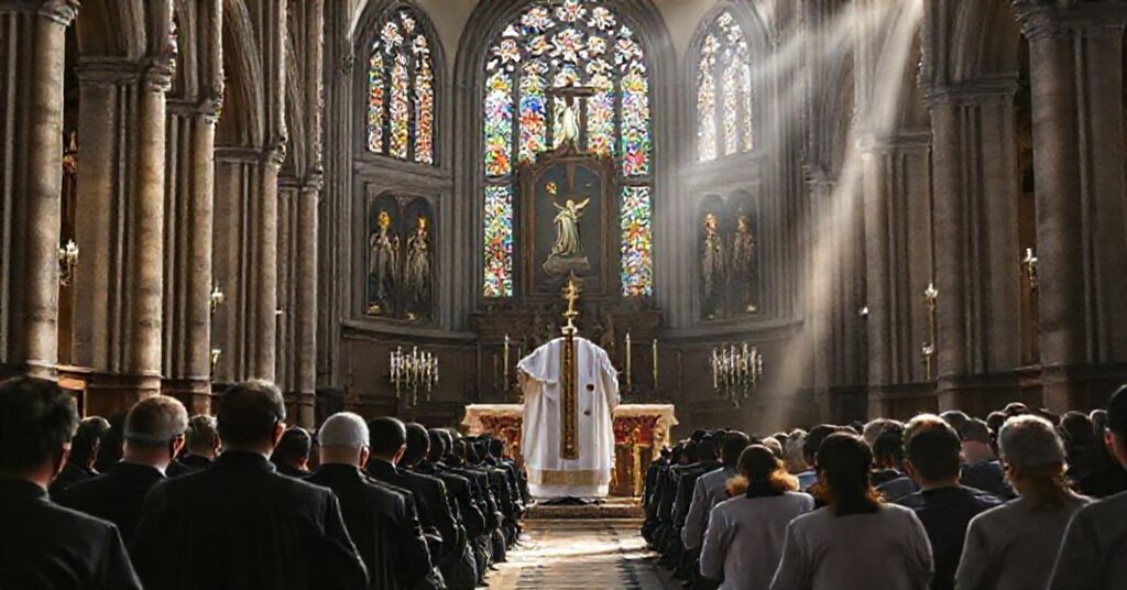 Tradycyjny ksiądz w sutannie stojący przed ołtarzem w kościele z promieniami słońca prześwietlającymi witraż z Męką Pańską. Skupione modlące się osoby symbolizują głęboką reverencję dla Mszy Świętej.