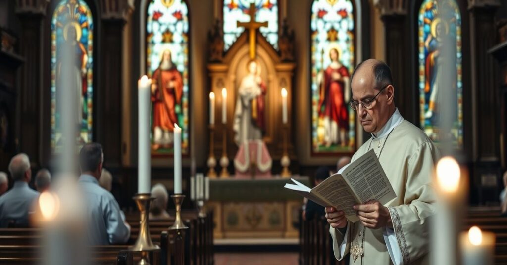 Uroczysty obraz Mszy świętej w tradycyjnym kościele z pustym tabernakulum i zgaszonymi świecami symbolizującymi brak prawdziwego kultu sakralnego. Na pierwszym planie smutny ks. w nowoczesnych ornatach czyta list abbp. Zbigniewa Zielińskiego.