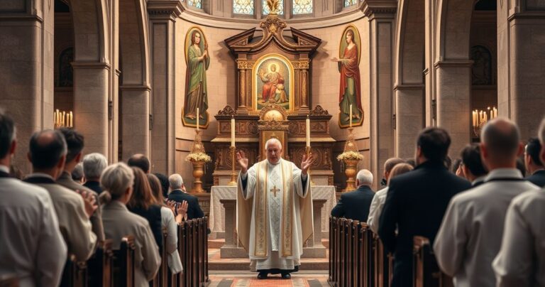 Rewerentna scena Mszy świętej w tradycyjnym kościele katolickim z kapłanem i wiernymi, podkreślająca duchową głębię i tradycję religijną
