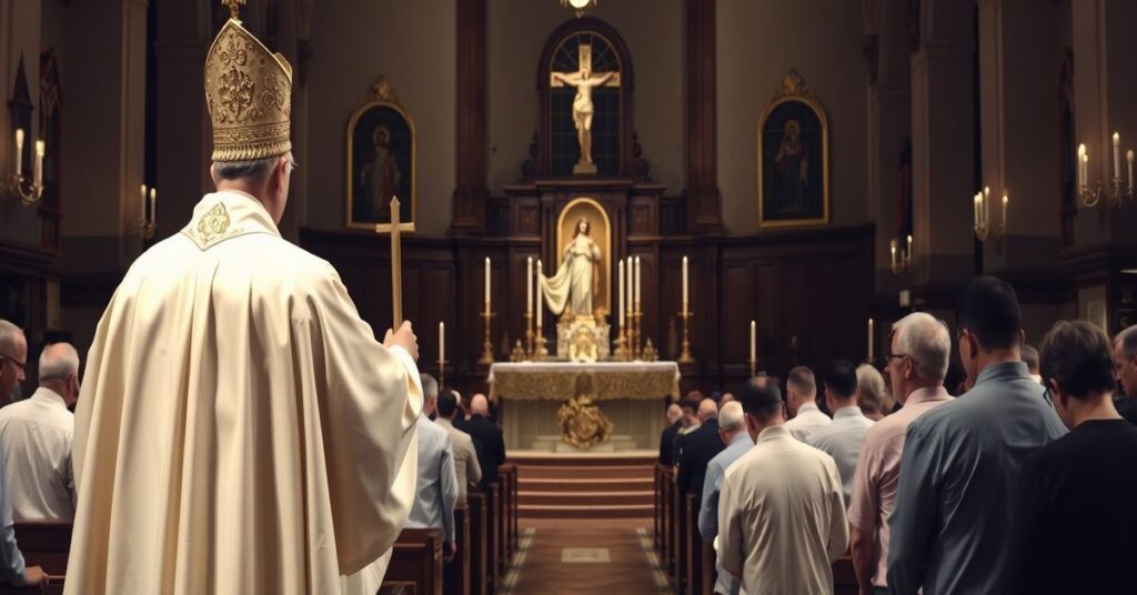 Tradycyjne wnętrze kościoła katolickiego podczas Mszy Świętej z kapłanem w ornacie liturgicznym i monstrancją z Najświętszym Sakramentem