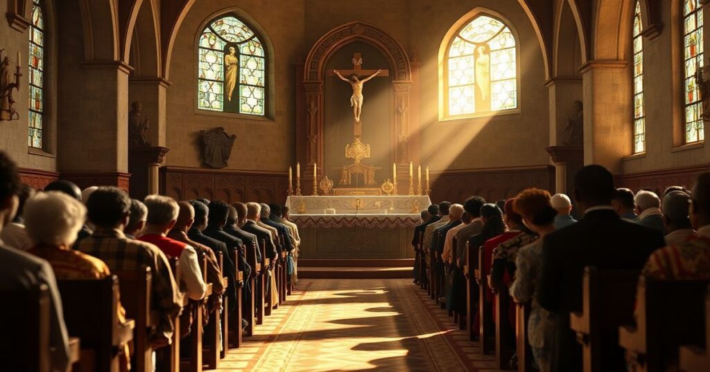 Kobieta modląca się w tradycyjnym kościele katolickim podczas Mszy Świętej w Afryce