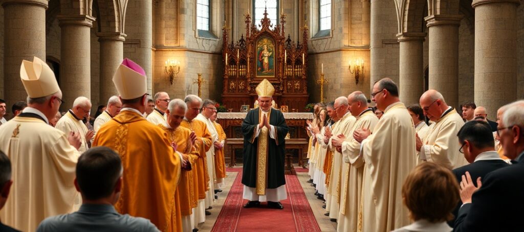 Obraz przedstawiający tradycyjną Mszę Świętą w kaplicy w Écône, Szwajcaria, z księżmi Fraternitatem Sancti Pii X w tradycyjnych szatach liturgicznych. Na obrazie widoczny jest arcybiskup Marcel Lefebvre i czterech nowo wyświęconych biskupów otoczeni wiernymi katolikami w modlitwie.