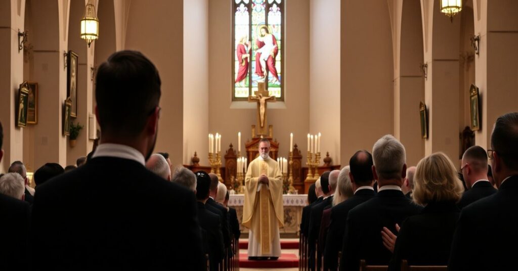 Tradycyjny kościół katolicki z mszą świętą w Jasnej Górze, z duchownym w sutannie i wiernymi w modlitwie