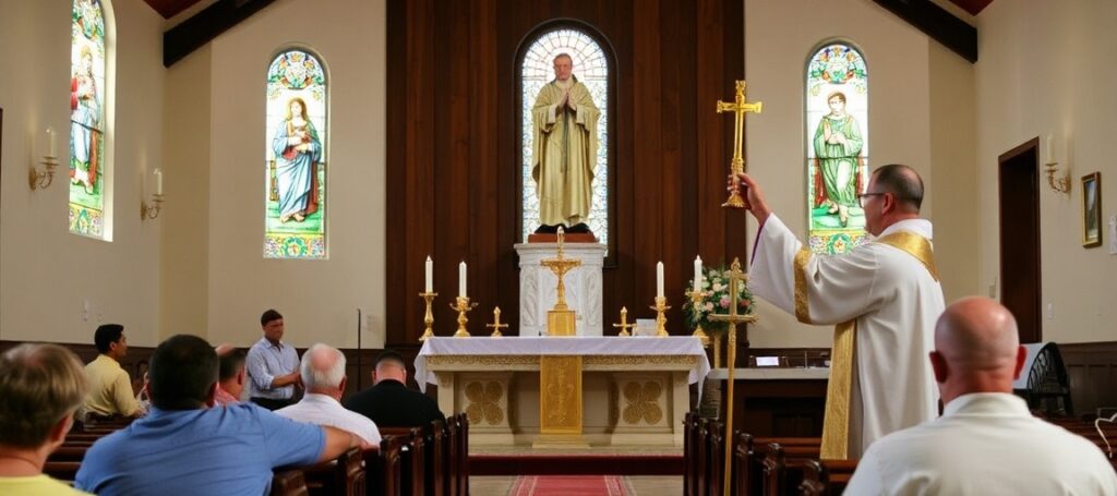 Wnętrze katolickiej kaplicy z trwającą tradycyjną Mszą Świętą w obrządku łacińskim. Kapłan w tradycyjnym stroju liturgicznym podnosi Hostię podczas Konsekracji.